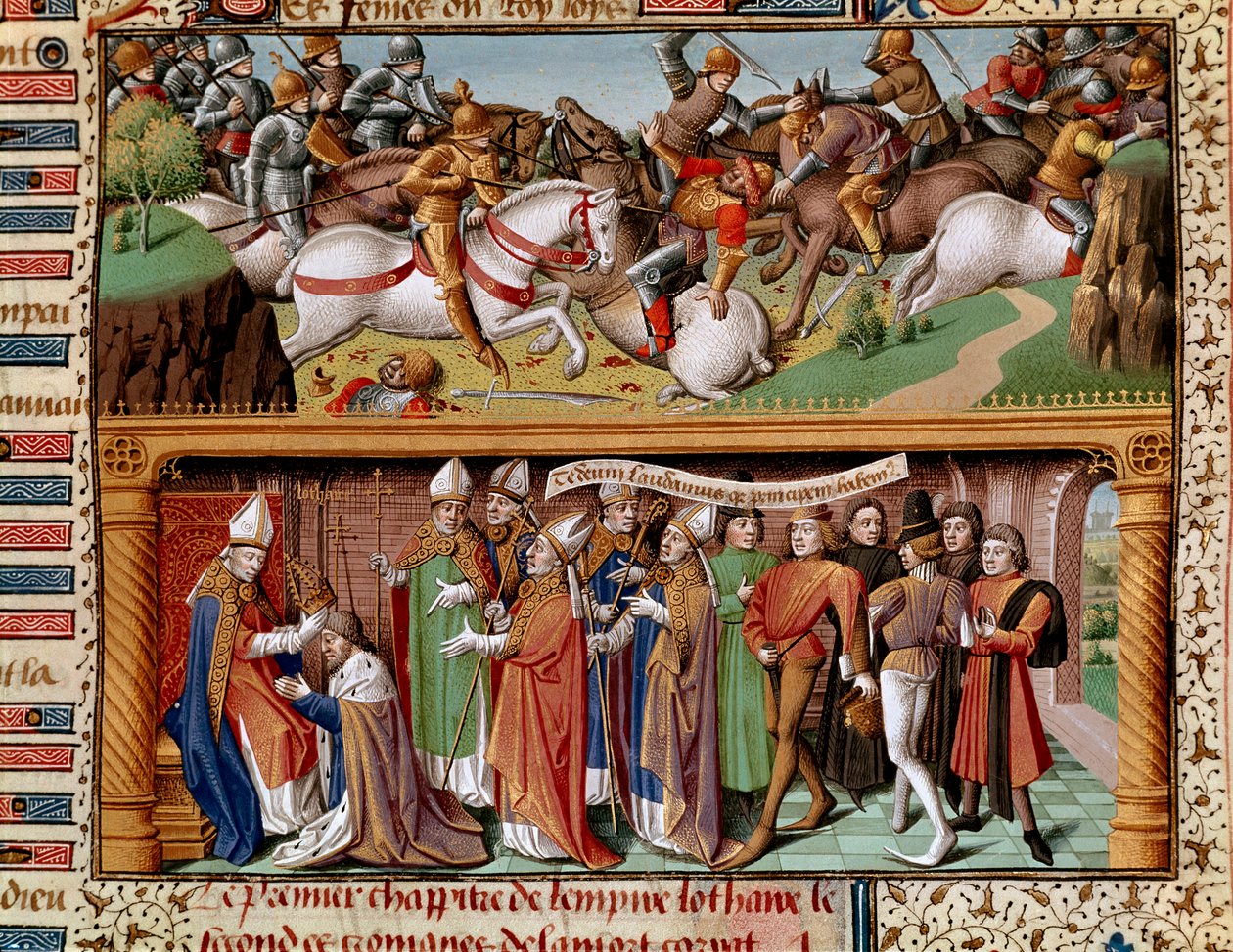 Escena de batalla y coronación del emperador Lotario II de Supplinburg (o Lotario III del Sacro Imperio Romano). Miniatura en 