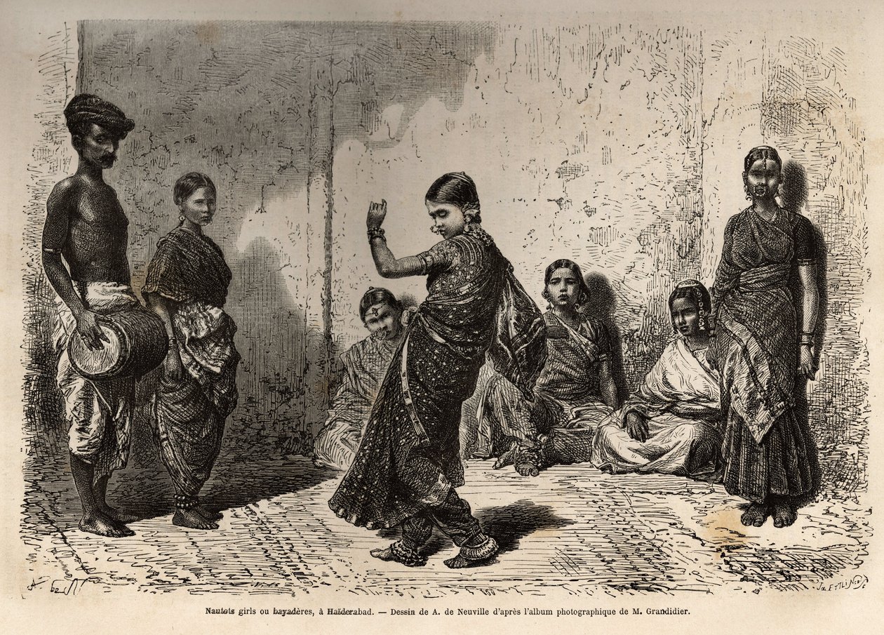 Bayaderas (o devadasi), originalmente sirvientas de las deidades, estas jóvenes dedicadas a un templo recibían cierta educación, especialmente el dominio de la danza y disfrutaban de ciertos privilegios, pero su estatus evolucionó como camareras de los bra de Unknown artist
