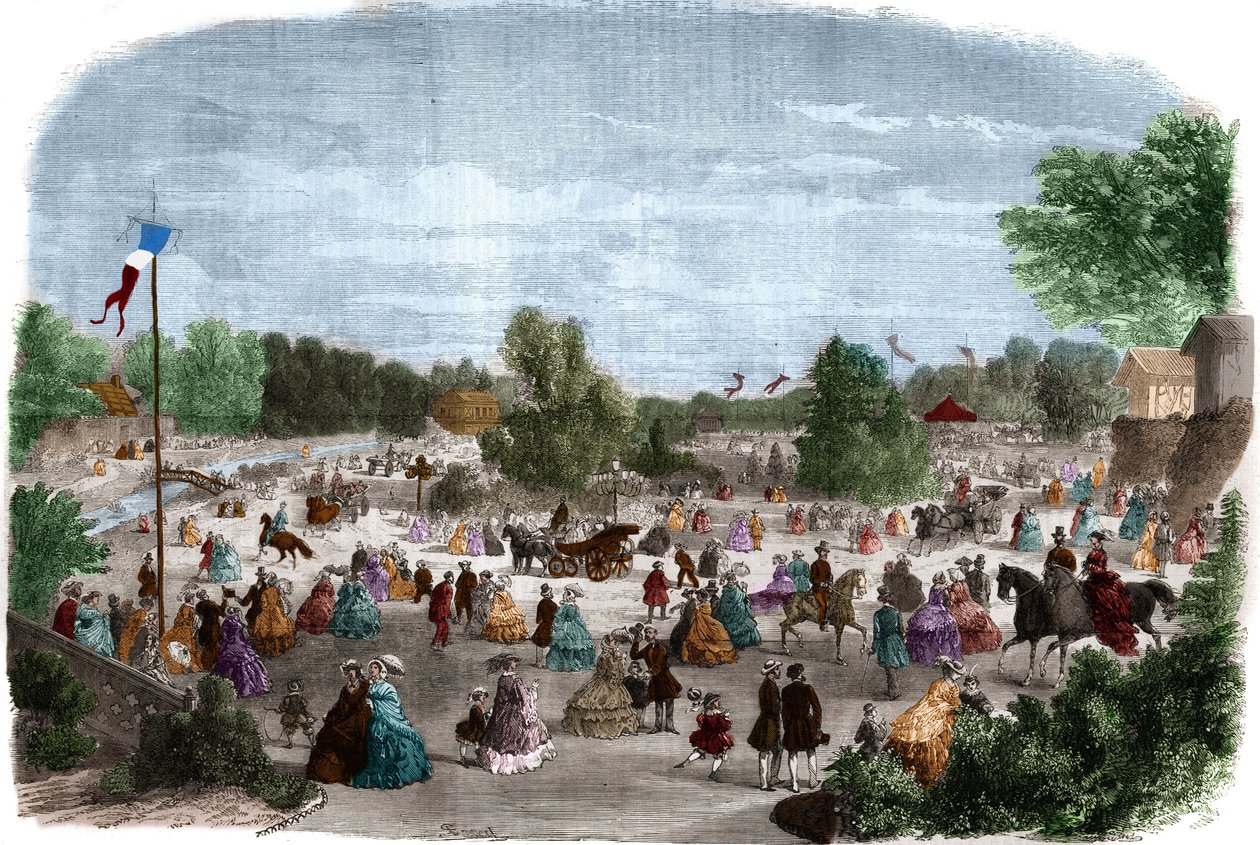 Hermosos días en el Bois de Boulogne en París. Grabado en “The Illustrious Universe” de Unknown artist