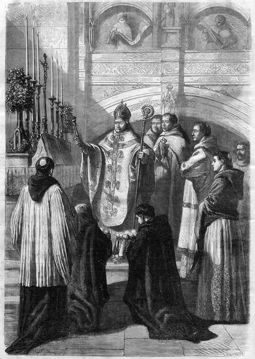 Bendición de huevos el Domingo de Pascua en la Abadía de Solesmes (Sarthe) en 1868 de Unknown artist