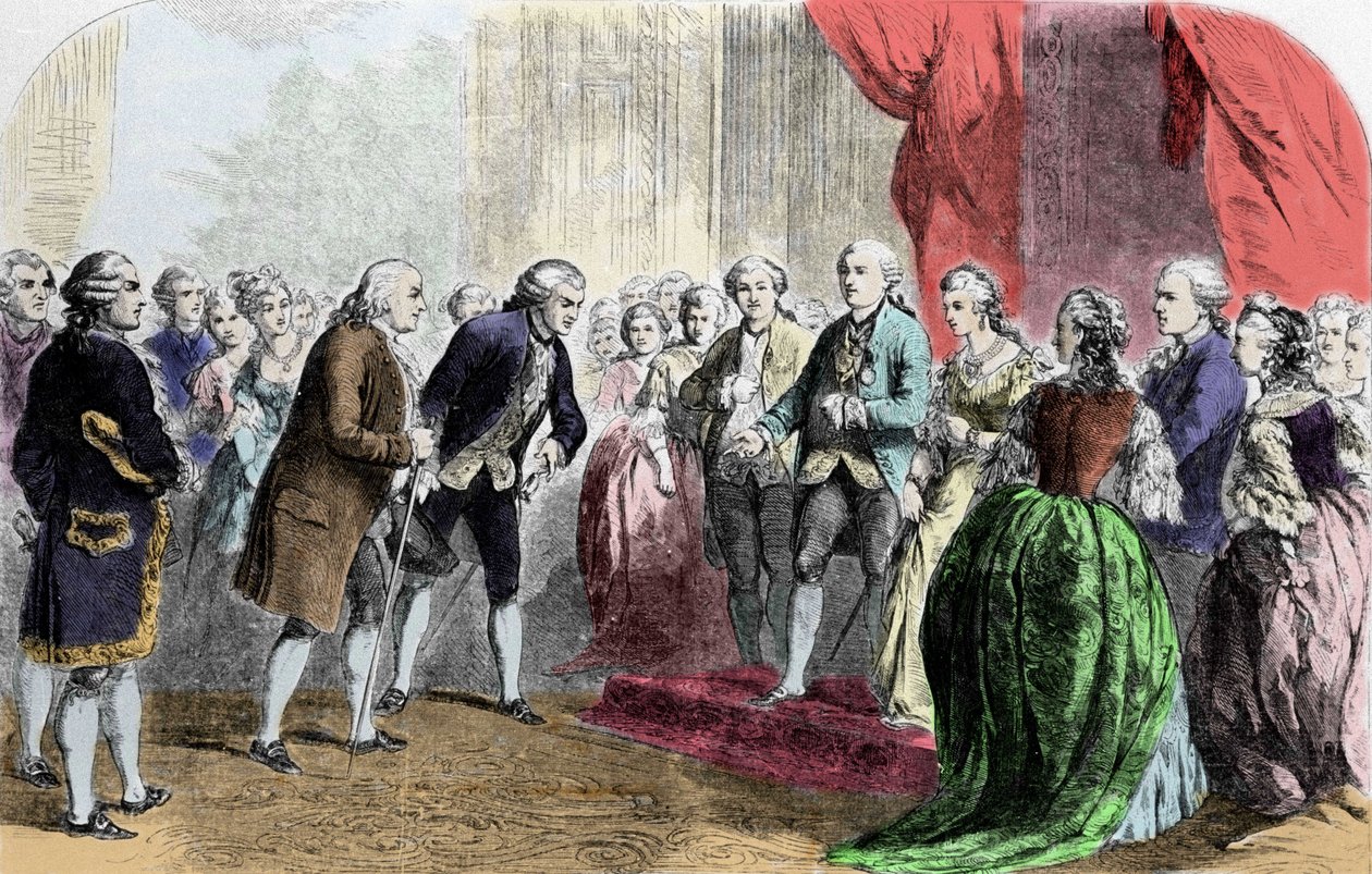 Benjamin Franklin (1706-1790), filósofo, físico y embajador estadounidense recibido por el rey de Francia Luis XVI, 6 de febrero de Unknown artist