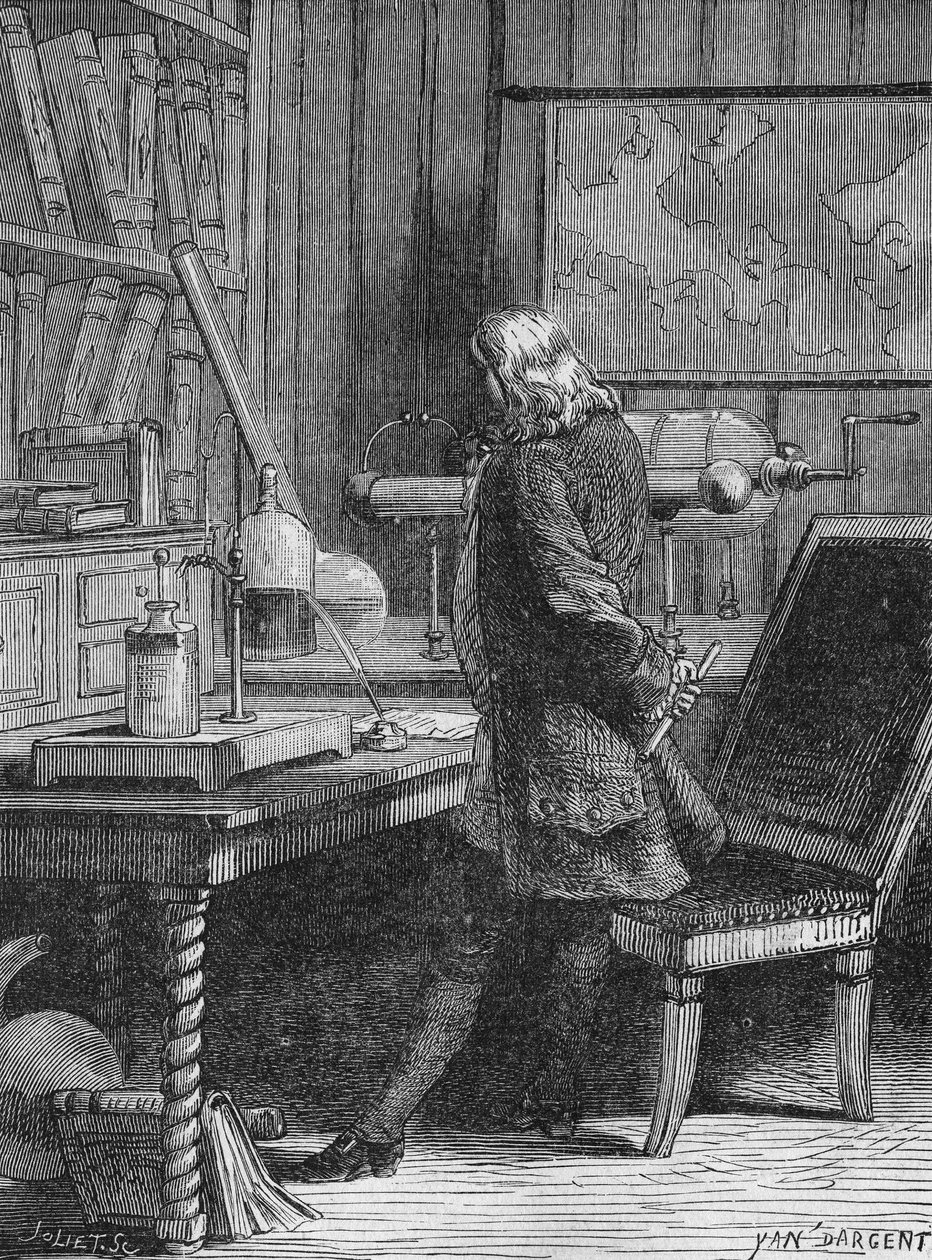 Benjamin Franklin en su laboratorio de física en Filadelfia. En 