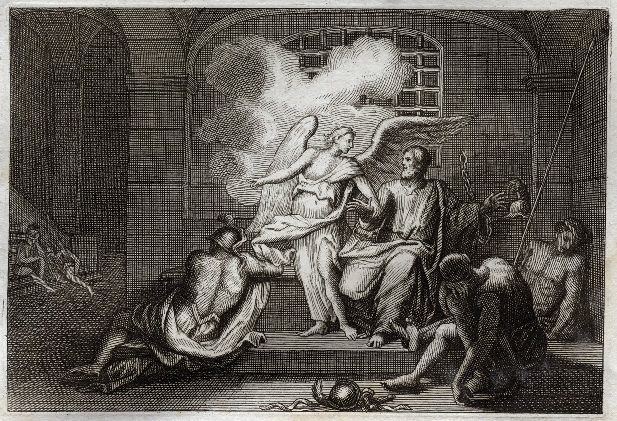 Biblia de Royaumont, Nuevo Testamento: San Pedro liberado de la prisión. San Pedro es liberado de la prisión por un ángel durante la noche. Ilustración de 1811 de Unknown artist