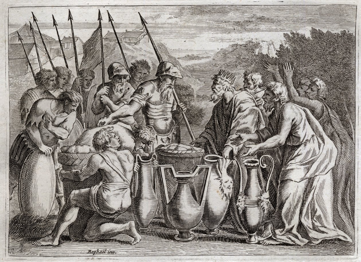 Biblia de Royaumont, Antiguo Testamento: Abraham salva a Lot. Abraham salva a su sobrino Lot de las manos de los enemigos. El Sumo Sacerdote Melquisedec bendice. El rey de Sodoma le ofreció... de Unknown artist