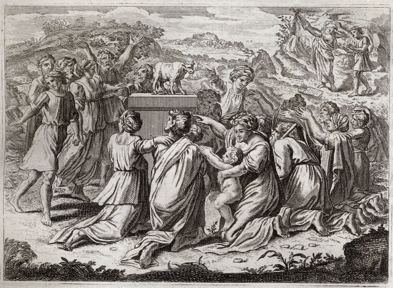 Biblia de Royaumont, Antiguo Testamento: Adoración del Becerro de Oro. Moisés, al ver a los hebreos y al becerro de oro, rompe las Tablas de la Ley. Ilustración de 1811. de Unknown artist
