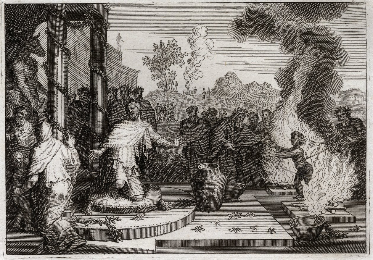 Biblia de Royaumont, Antiguo Testamento: Acaz Rey Impío. El malvado Acaz, rey de Judá, irrita a Dios, y es entregado a los enemigos. Ilustración de 1811. de Unknown artist