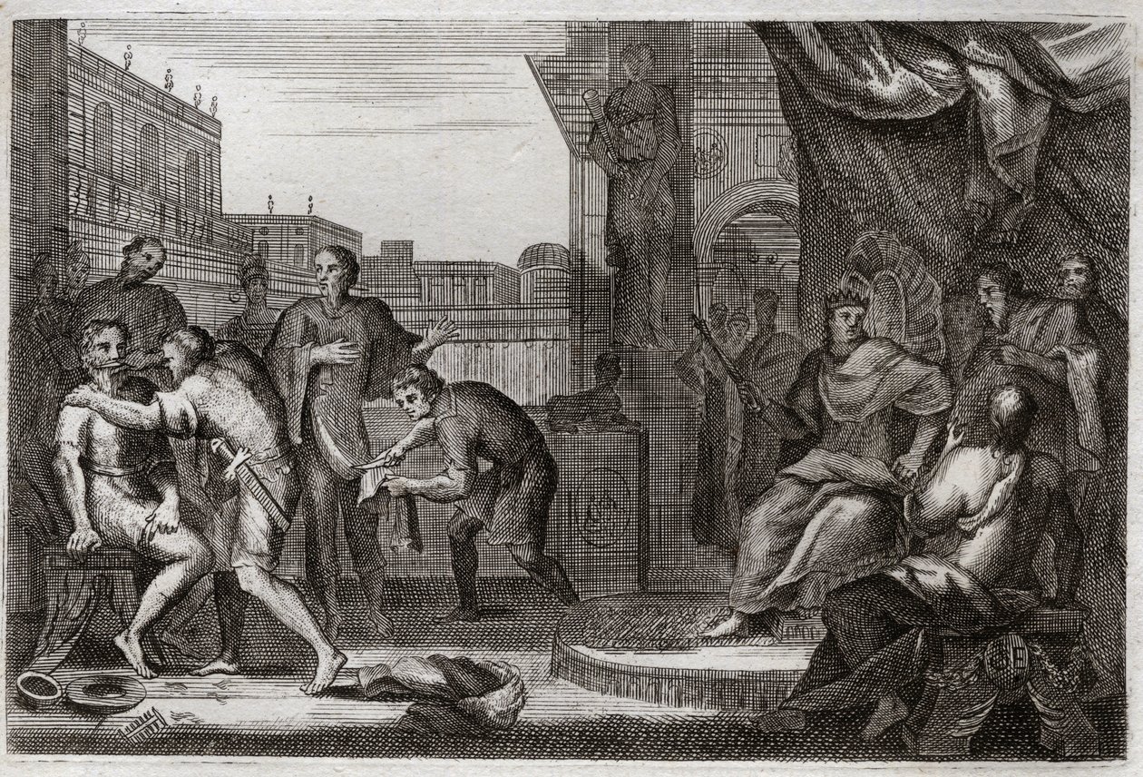 Biblia de Royaumont, Antiguo Testamento: Embajadores de David. David envió a Joab contra los amonitas para vengar la ofensa que Hanón, su príncipe, había hecho a sus embajadores, a quienes había tomado por espías. Ilustración de 1811. de Unknown artist