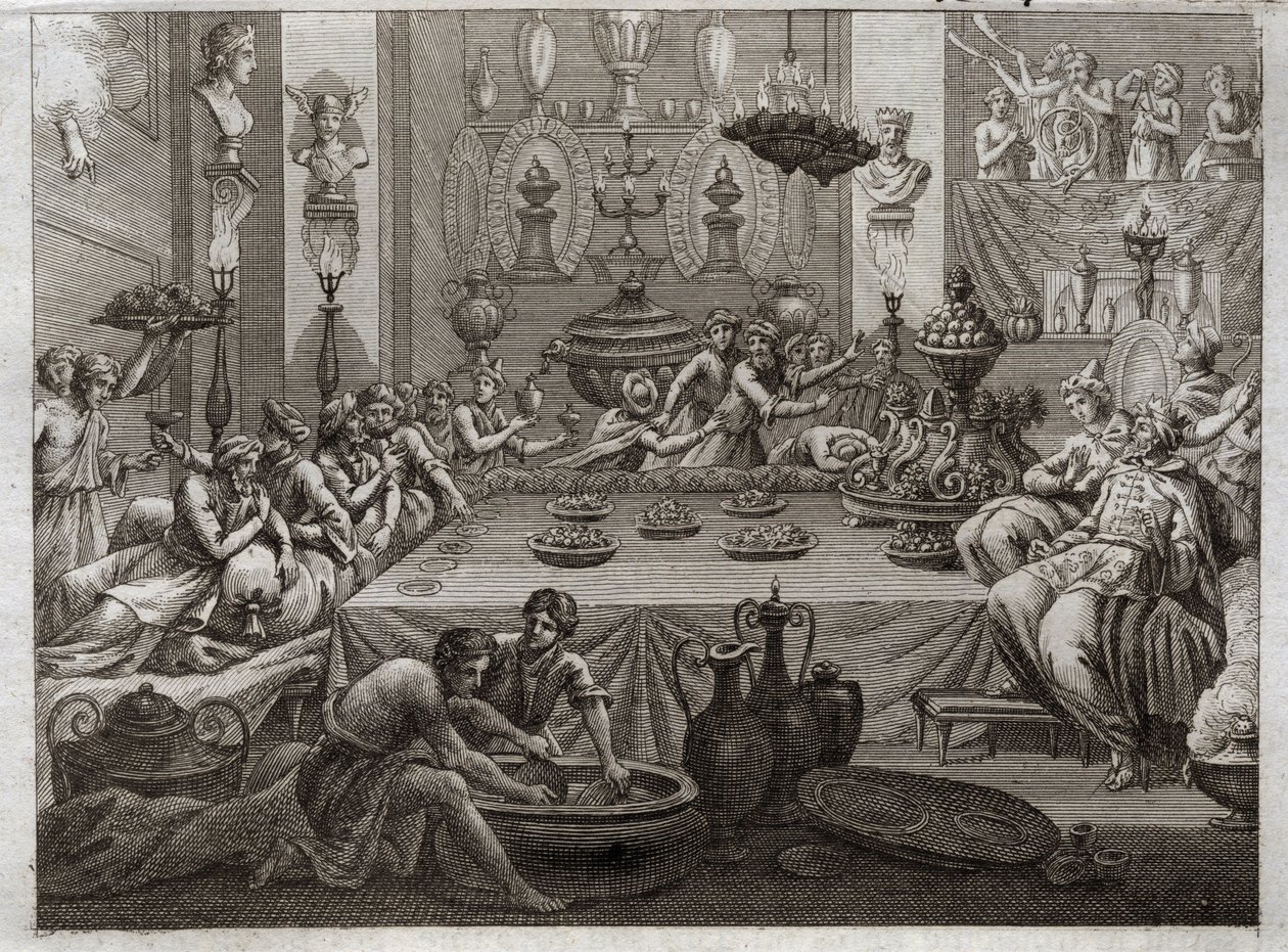 Biblia de Royaumont, Antiguo Testamento: Belsasar condenado. El rey Belsasar (Belsasar) en la mesa ve una mano que en tres palabras escribe el fin de su sentencia. Ilustración de 1811 de Unknown artist