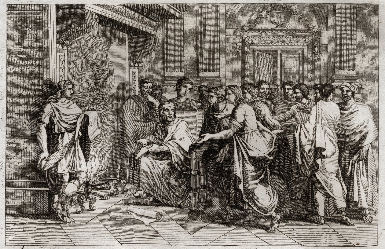 Biblia de Royaumont, Antiguo Testamento: Baruc profeta. El rey Joaquín corta el rollo que contiene las profecías de Jeremías transcritas por su discípulo Baruc y lo arroja al fuego. Ilustración de 1811. de Unknown artist