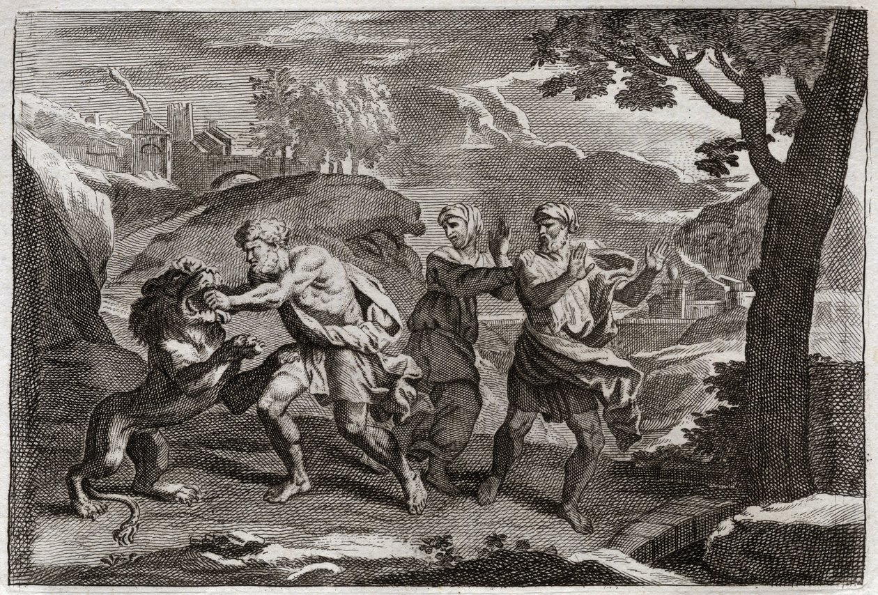 Biblia de Royaumont, Antiguo Testamento: Nacimiento de Sansón. Sansón desgarra a un león en pedazos. Ilustración de 1811 de Unknown artist