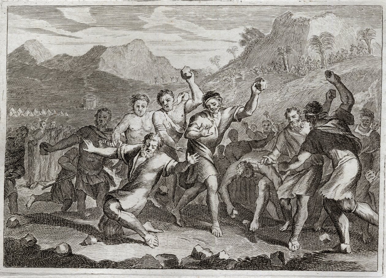 Biblia de Royaumont, Antiguo Testamento: Lapidación del blasfemo. Dios hace lapidar a un blasfemo de su santo nombre, y a otro que violó el santo Shabat, recogiendo algunas pajas en el campo. Ilustración de 1811 de Unknown artist