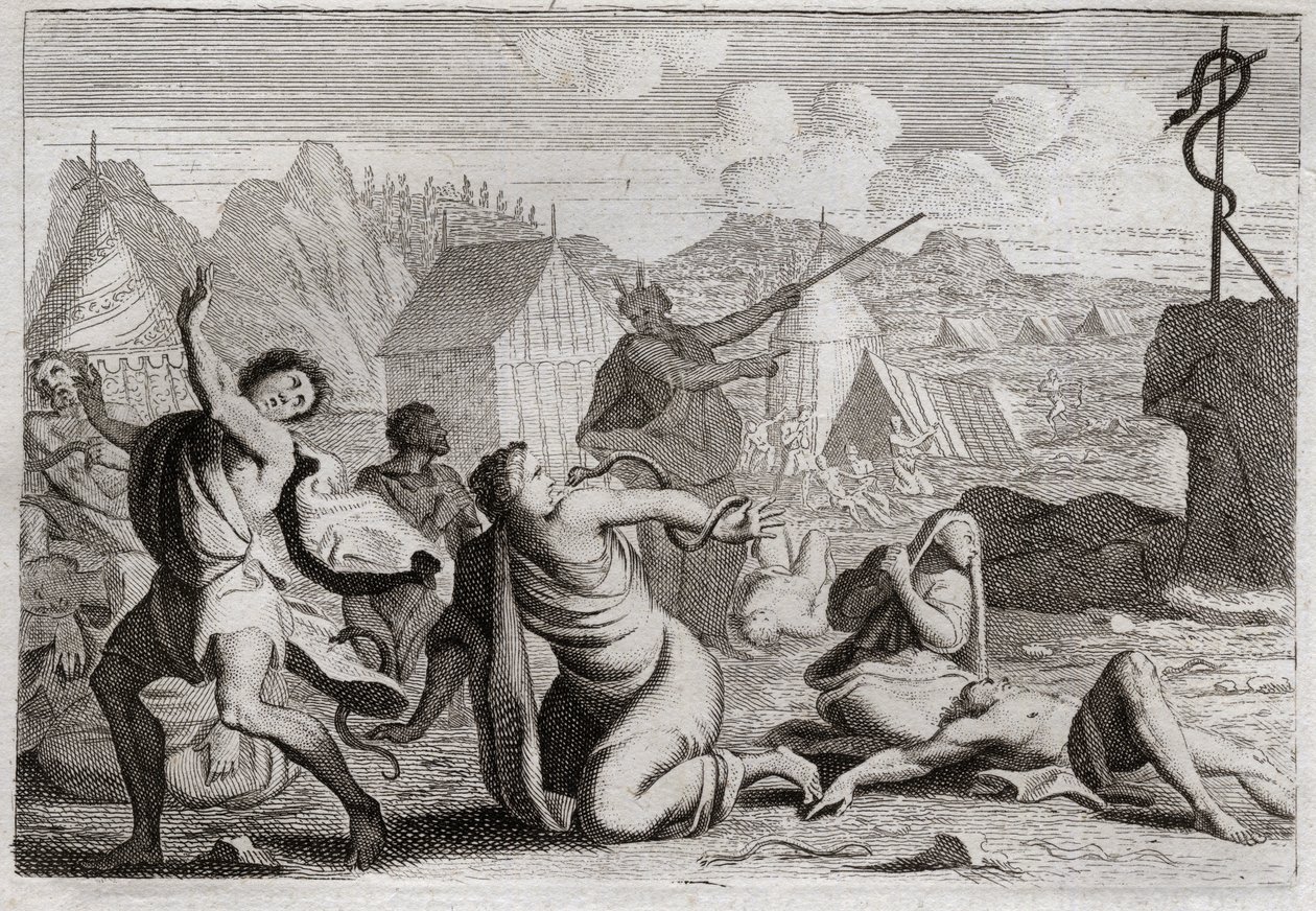 Biblia de Royaumont, Antiguo Testamento: Serpiente de Bronce. El pueblo murmurando contra Dios y contra Moisés, es castigado por serpientes de fuego; de las cuales fueron curados por una serpiente de bronce, que Moisés había levantado para ser vista por to de Unknown artist