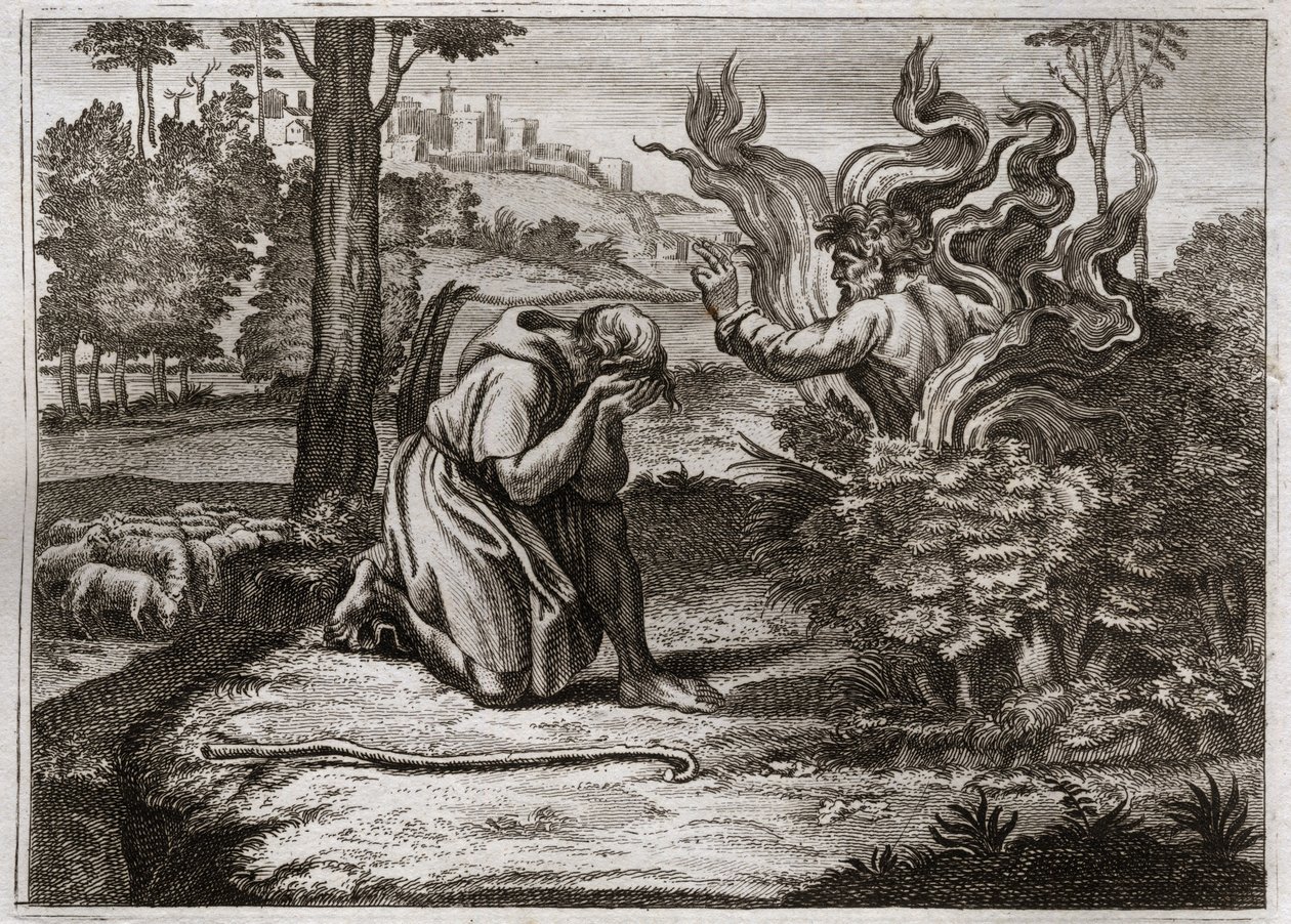 Biblia de Royaumont, Antiguo Testamento: La Zarza Ardiente. Dios habla a Moisés desde el medio de una zarza ardiente. Ilustración de 1811. de Unknown artist
