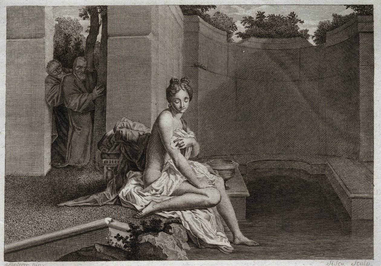 Biblia de Royaumont, Antiguo Testamento: Castidad de Susana. Dos ancianos, jueces del pueblo, intentan corromper la castidad de Susana, mientras ella estaba sola en su jardín y tomando un baño. Ilustración de 1811. de Unknown artist