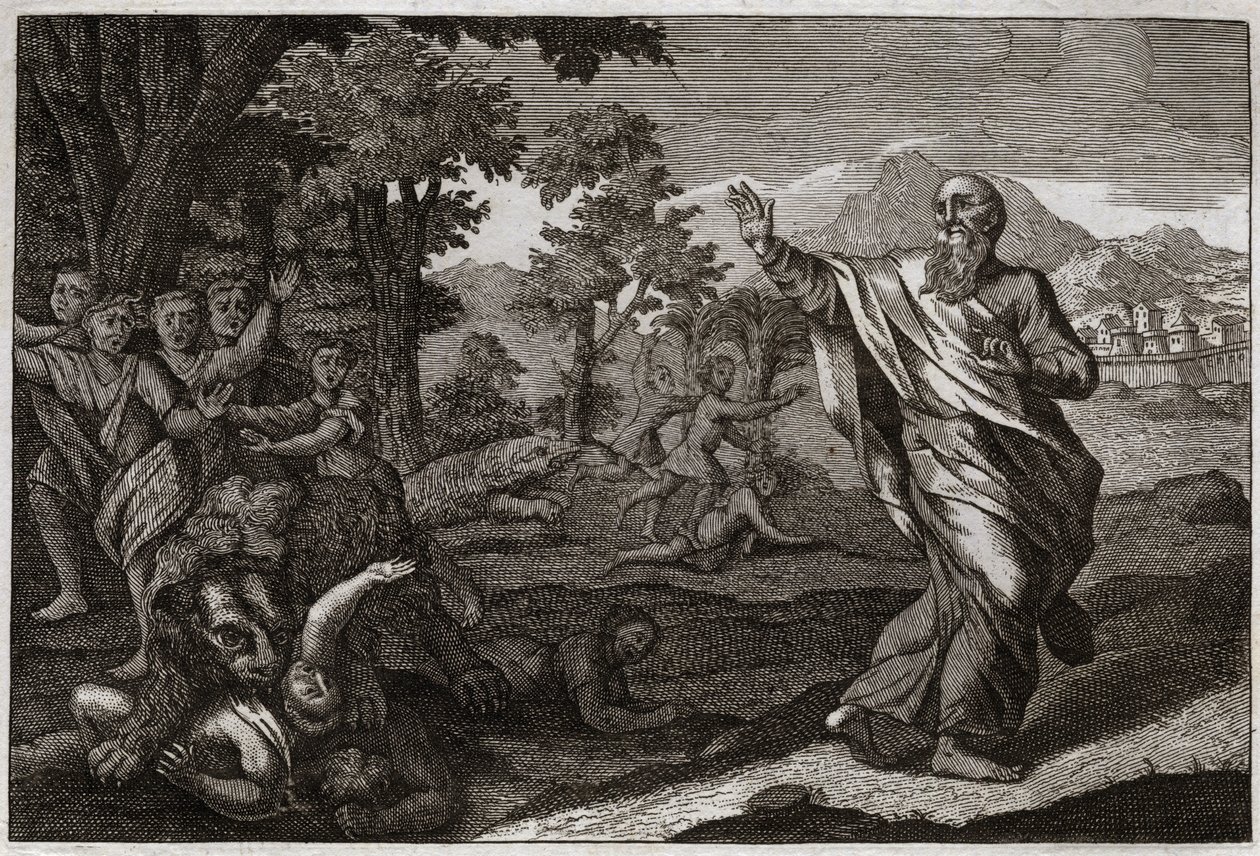 Biblia de Royaumont, Antiguo Testamento: Niños devorados por osos. Niños que se burlan de la calvicie de Eliseo son desgarrados por osos. Ilustración de 1811. de Unknown artist