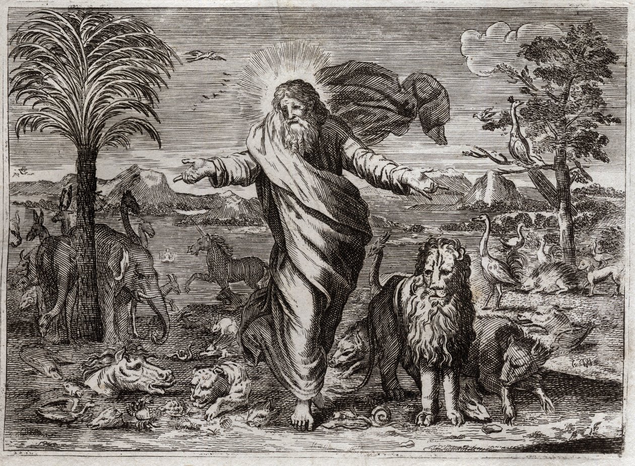 Biblia de Royaumont, Antiguo Testamento: Creación del Mundo. Dios saca del vacío el Cielo y la Tierra, y en seis días lo adorna y lo llena de criaturas de todo tipo. Ilustración de 1811. de Unknown artist