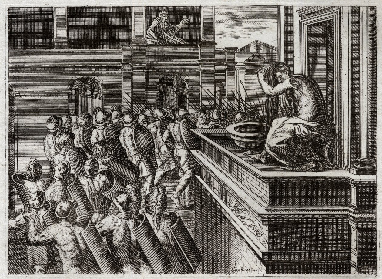 Biblia de Royaumont, Antiguo Testamento: Crimen de David o Betsabé en el baño. David vio a Betsabé desde lejos, la esposa de Urías el hitita, bañándose, y concibió un mal deseo por ella, y luego mató a su esposo Urías. Ilustración de 1811. de Unknown artist