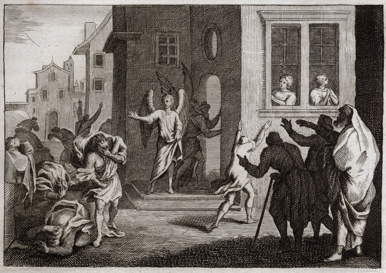 Biblia de Royaumont, Antiguo Testamento: Crímenes de los sodomitas. Lot recibe a los ángeles en su casa. Los sodomitas (Sodoma) quieren violentarlos. Los ángeles los golpean con ceguera. Ilustración de 1811. de Unknown artist
