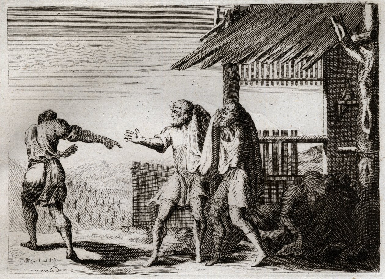 Biblia de Royaumont, Antiguo Testamento: Maldito Cham de su Padre (embriaguez de Noé). Cham, el segundo de los hijos de Noé, ve a su padre en una postura indecente, no le importa y es maldecido. Ilustración de 1811. de Unknown artist