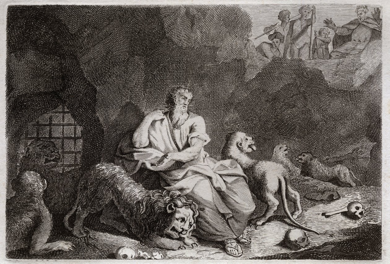 Biblia de Royaumont, Antiguo Testamento: Daniel en el foso de los leones. Daniel es puesto en el foso de los leones y milagrosamente es bebido. Ilustración de 1811. de Unknown artist