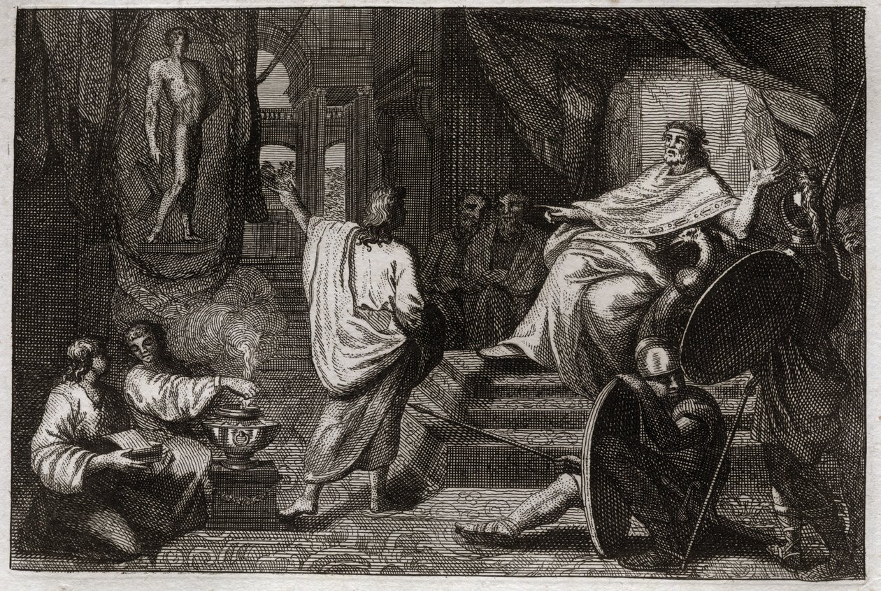 Biblia de Royaumont, Antiguo Testamento: Daniel profeta. El profeta Daniel revela al rey Nabucodonosor II un sueño que tuvo y le explica su significado. Ilustración de 1811 de Unknown artist