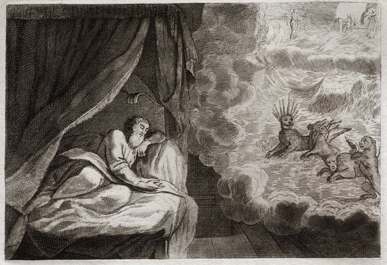 Biblia de Royaumont, Antiguo Testamento: Visión de Daniel de las cuatro monarquías de asirios, persas, griegos y romanos. Ven cuatro monstruos: Haniel, Kafziel, Azriel, Aniel. Ilustración de 1811. de Unknown artist