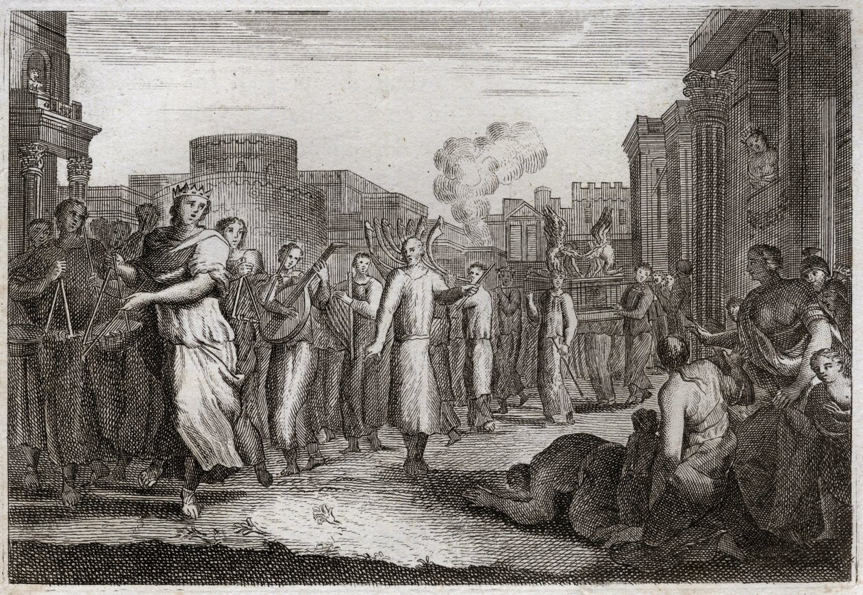 Biblia de Royaumont, Antiguo Testamento: David baila ante el Arca del Pacto. David, habiendo resuelto por segunda vez llevar el Arca a su casa, la hace llevar y acompañar por levitas, para evitar un accidente similar al de Oza. Está bailando frente a ella. de Unknown artist