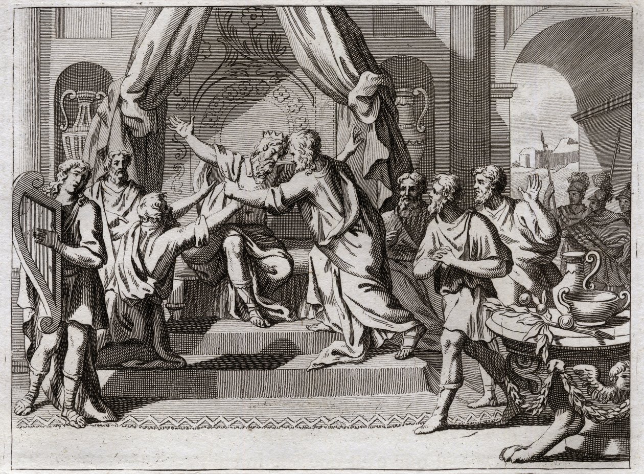 Biblia de Royaumont, Antiguo Testamento: David toca el arpa. Saúl, rechazado por Dios, es poseído por el espíritu maligno. Buscan a un hombre que sepa tocar el arpa, para aliviarlo en su mal. Ilustración de 1811 de Unknown artist