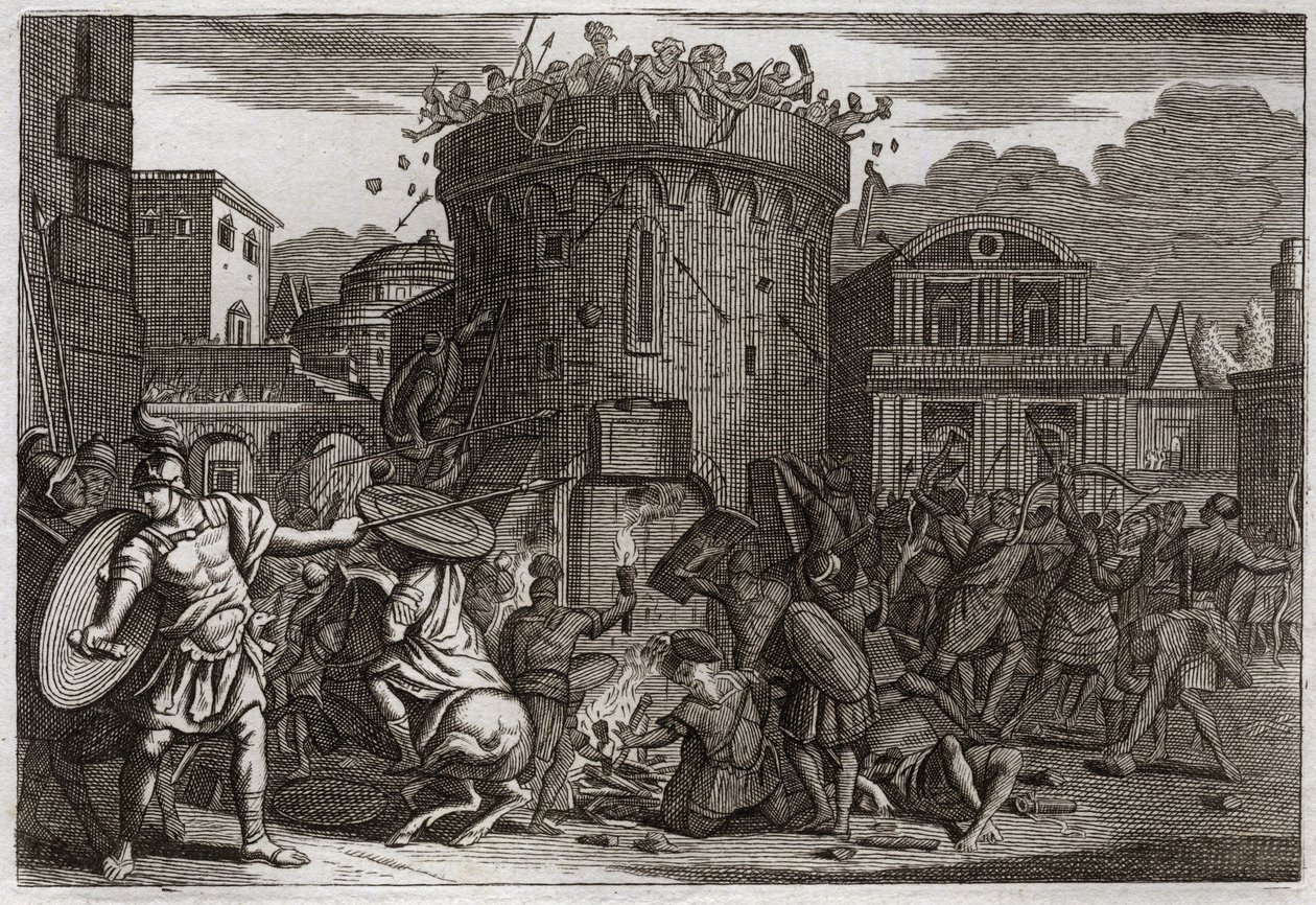 Biblia de Royaumont, Antiguo Testamento: Muerte de Abimelec. Abimelec es asesinado por una mujer que lo aplasta con una piedra en el sitio de Tebetz. Ilustración de 1811. de Unknown artist