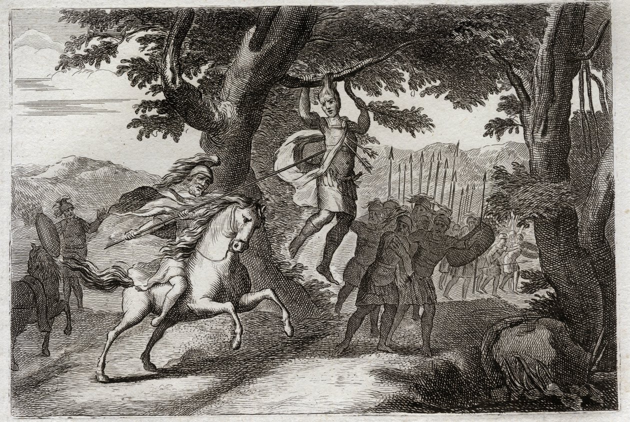 Biblia de Royaumont, Antiguo Testamento: Muerte de Absalón. Absalón, huyendo de la batalla, es atrapado por el cabello en un roble, y Joab le atraviesa el corazón con tres dardos. Ilustración de 1811. de Unknown artist