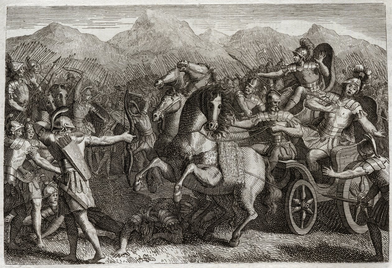 Biblia de Royaumont, Antiguo Testamento: Muerte de Acab. Acab hizo la guerra contra Siria y fue asesinado con una flecha al azar. Ilustración de 1811 de Unknown artist
