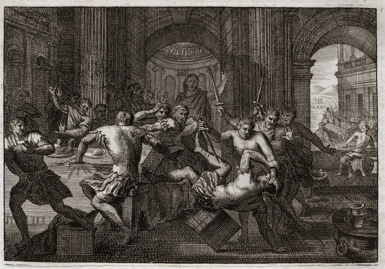 Biblia de Royaumont, Antiguo Testamento: Muerte de Amnón. Absalón (o Avshalom, Absalón) reconciliado con David hace que su hermano Amnón (Amón) huya a una fiesta. David se ve obligado a huir de Jerusalén y sufre esta persecución con maravillosa paciencia.  de Unknown artist