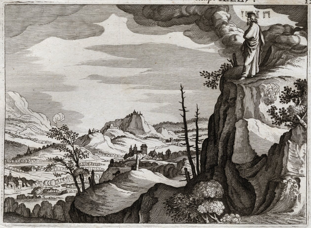 Biblia de Royaumont, Antiguo Testamento: Muerte de Moisés. Dios muestra a Moisés la tierra de Canaán desde la cima del Monte Nebo, donde muere, sin conocimiento de dónde estaba su cuerpo. Ilustración de 1811. de Unknown artist