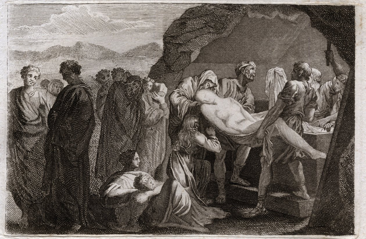 Biblia de Royaumont, Antiguo Testamento: Muerte de Sara. Sara (Sarah) muere. Abraham compra una sepultura en la ciudad de Geth para enterrarla. Ilustración de 1811. de Unknown artist