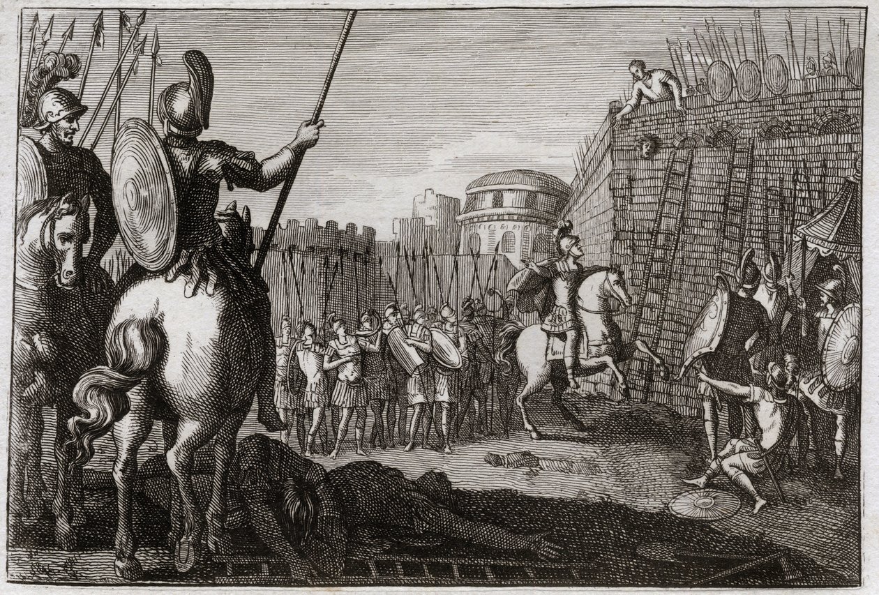Biblia de Royaumont, Antiguo Testamento: Muerte de Seba. Y Seba se levantó contra David, y se llevó las diez tribus tras él, y Joab lo persiguió en Abela, donde su cabeza fue cortada por el consejo de una mujer. Ilustración de 1811. de Unknown artist