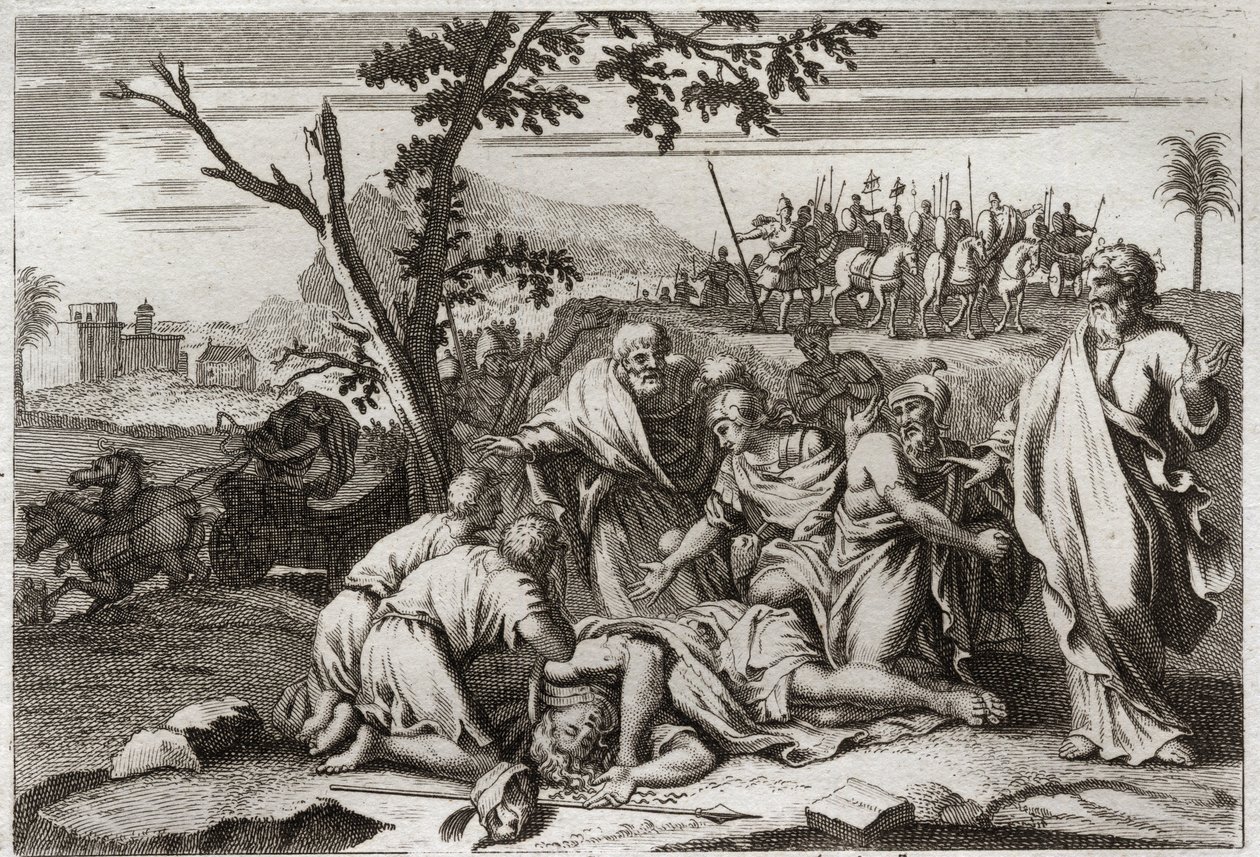 Biblia de Royaumont, Antiguo Testamento: Muerte del malvado Antíoco. La espantosa muerte del rey Antíoco IV Epífanes (175-164 a.C.) tras una caída de caballo. Ilustración de 1811. de Unknown artist