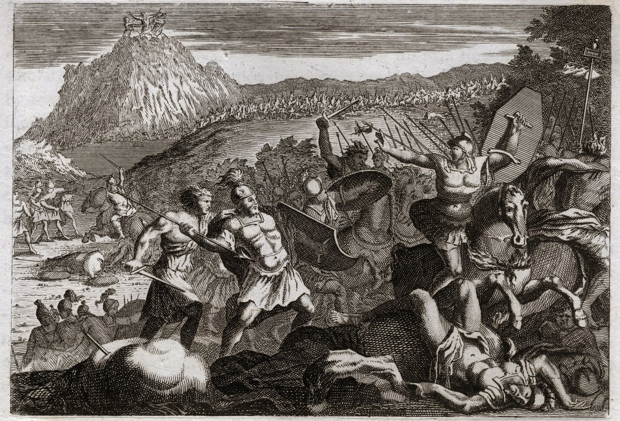 Biblia de Royaumont, Antiguo Testamento: Derrota de Amalec (Amalek). Moisés obtuvo la victoria sobre los amalecitas, manteniendo sus manos en alto hacia el cielo. Ilustración de 1811. de Unknown artist
