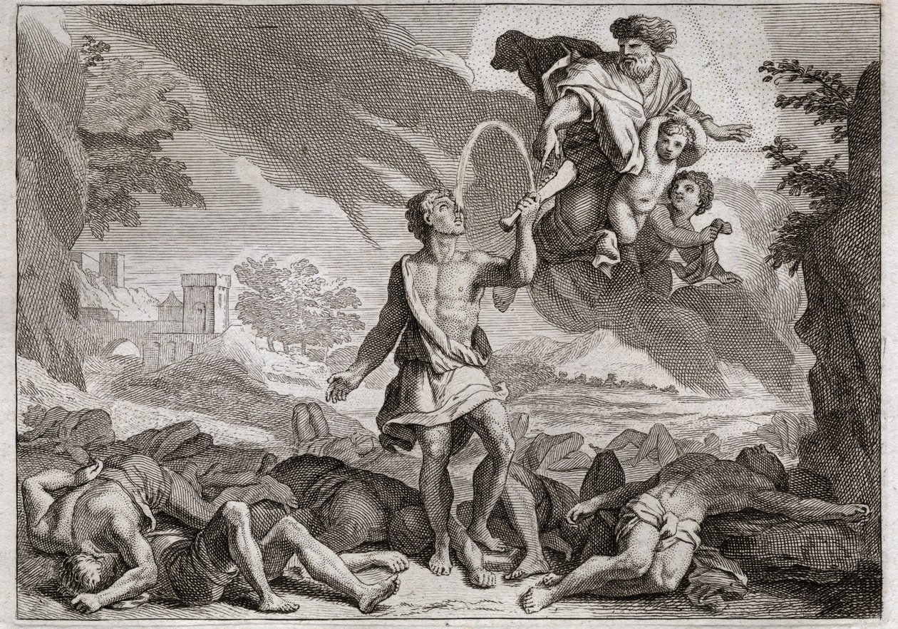 Biblia de Royaumont, Antiguo Testamento: Derrota de los filisteos. Sansón mata a mil filisteos con la quijada de un burro. Dios hace brotar agua de la quijada para que Sansón pueda saciar su sed. Ilustración de 1811. de Unknown artist