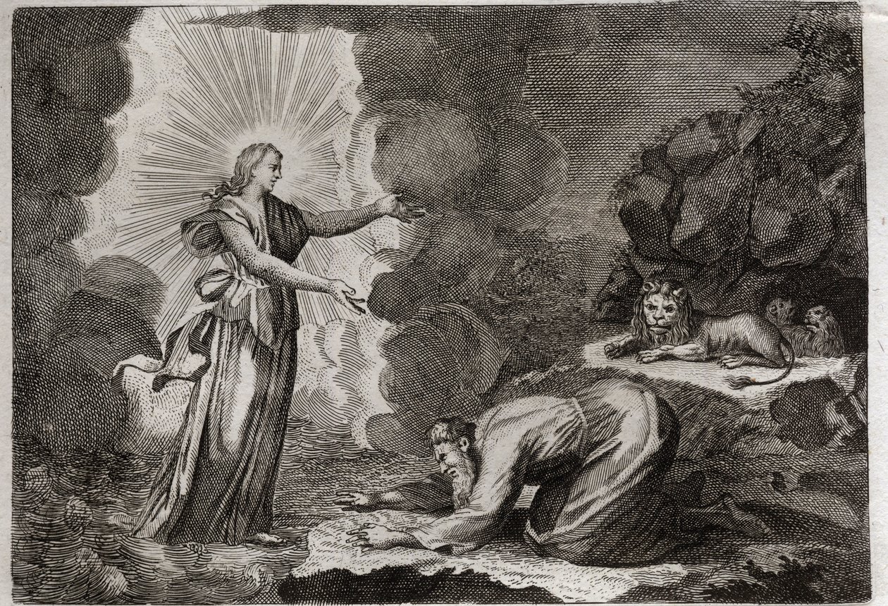 Biblia de Royaumont, Antiguo Testamento: Liberación de Daniel. Daniel, en el foso de los leones, es milagrosamente alimentado. Ilustración de 1811. de Unknown artist