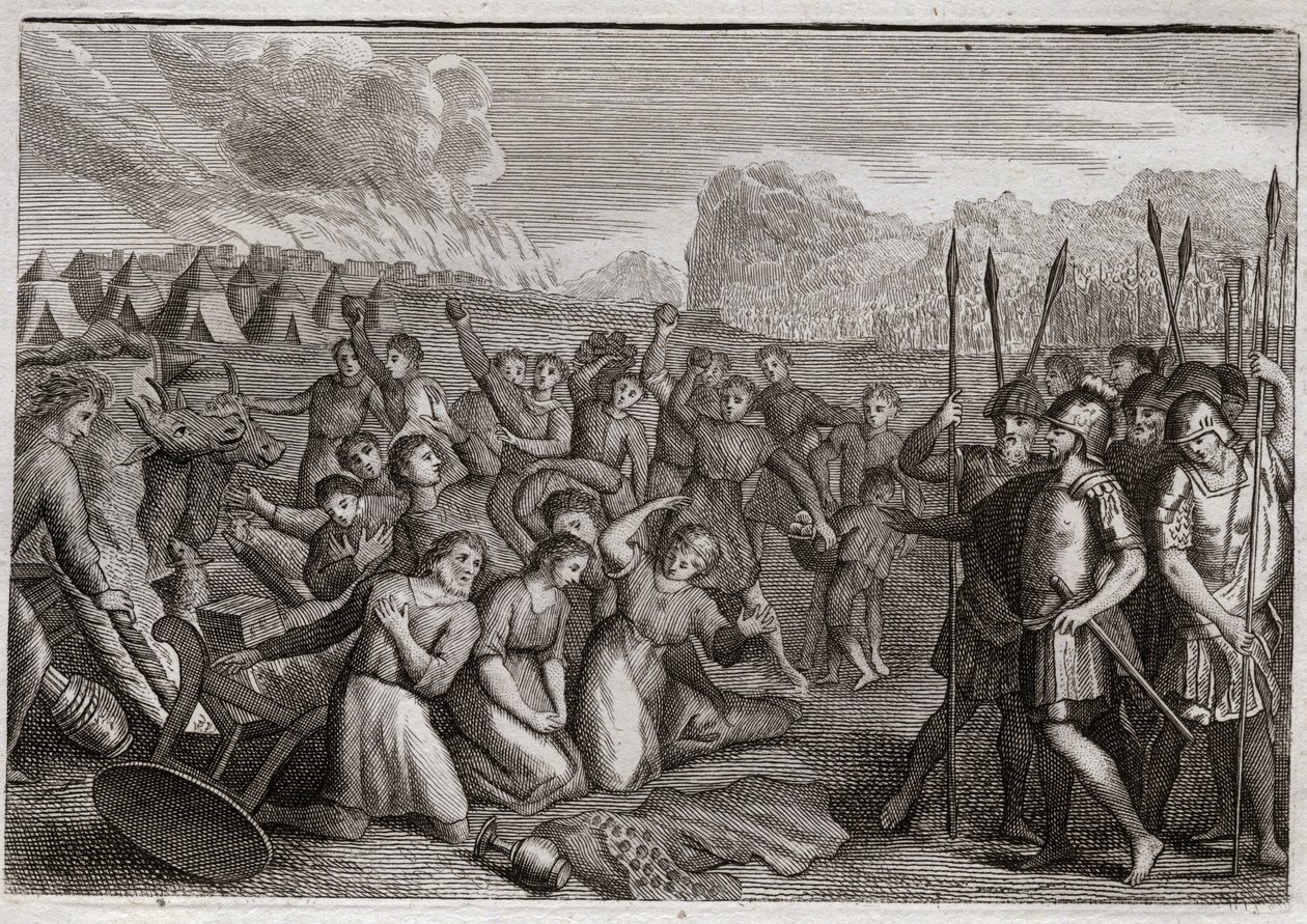 Biblia de Royaumont, Antiguo Testamento: Destrucción de Hai. Josué, después de la ruina de Jericó, ataca la ciudad de Hai, donde es repelido primero por el crimen de Acán, pero después del castigo de Acán, toma la ciudad. de Unknown artist