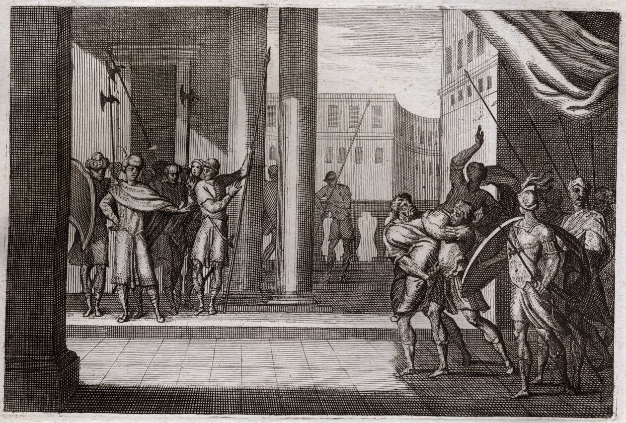 Biblia de Royaumont, Antiguo Testamento: Dina salió por curiosidad a ver a las mujeres de Siquem, y el rey de esa ciudad la violó, sus hermanos se vengaron y mataron a todo el pueblo de Siquem con el rey. Ilustración de 1811 de Unknown artist