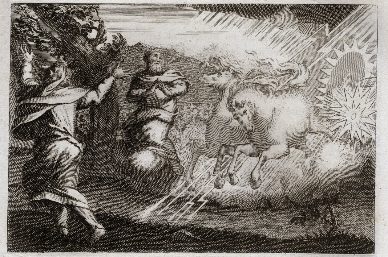 Biblia de Royaumont, Antiguo Testamento: Elías es llevado al cielo. Elías es llevado al cielo en un carro de fuego en presencia de su discípulo. Eliseo recibe de él su doble espíritu: divide las aguas del Jordán con el manto de Elías. Ilustración. de Unknown artist