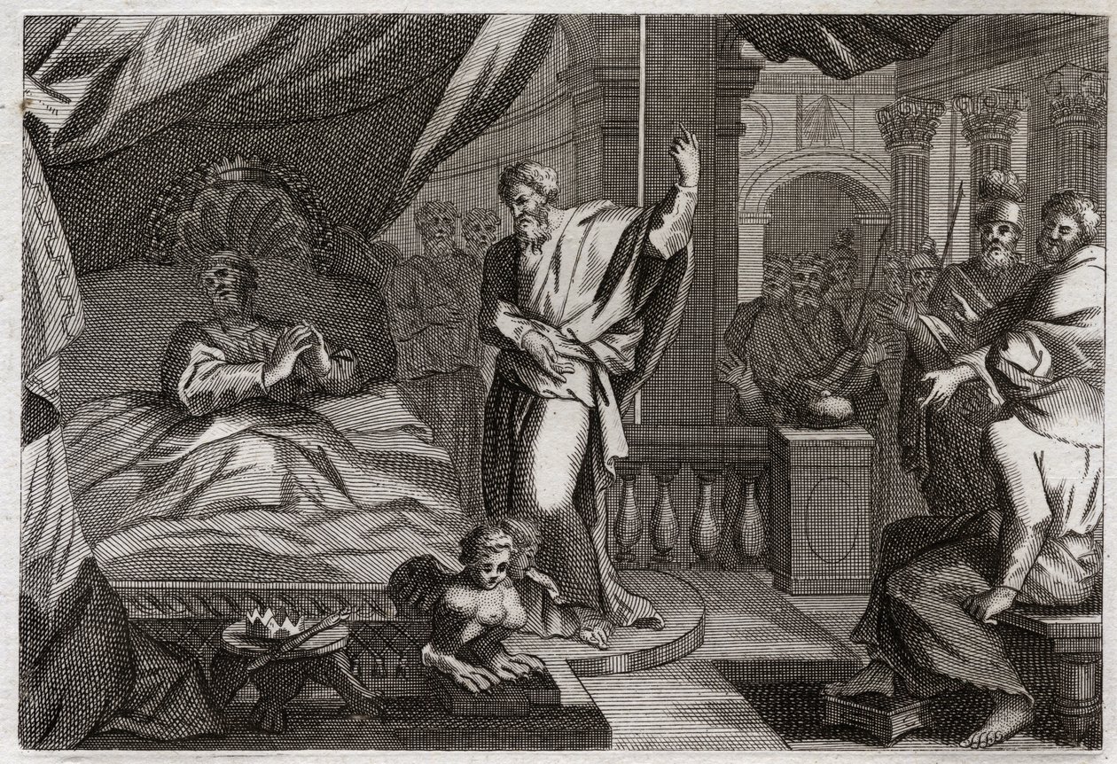 Biblia de Royaumont, Antiguo Testamento: Ezequías recibe salud. El rey Ezequías, enfermo de muerte, recibe salud y otros quince años de vida. El profeta Isaías anuncia su guerra: la señal será retroceder la sombra del reloj diez grados. de Unknown artist