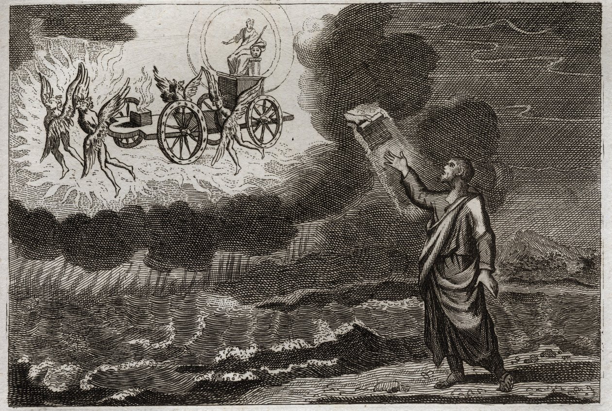 Biblia de Royaumont, Antiguo Testamento: Ezequiel profeta. El santo profeta tuvo una visión donde el Señor se le apareció en un carro, llevado por cuatro querubines (tetramorfos). Ilustración de 1811. de Unknown artist