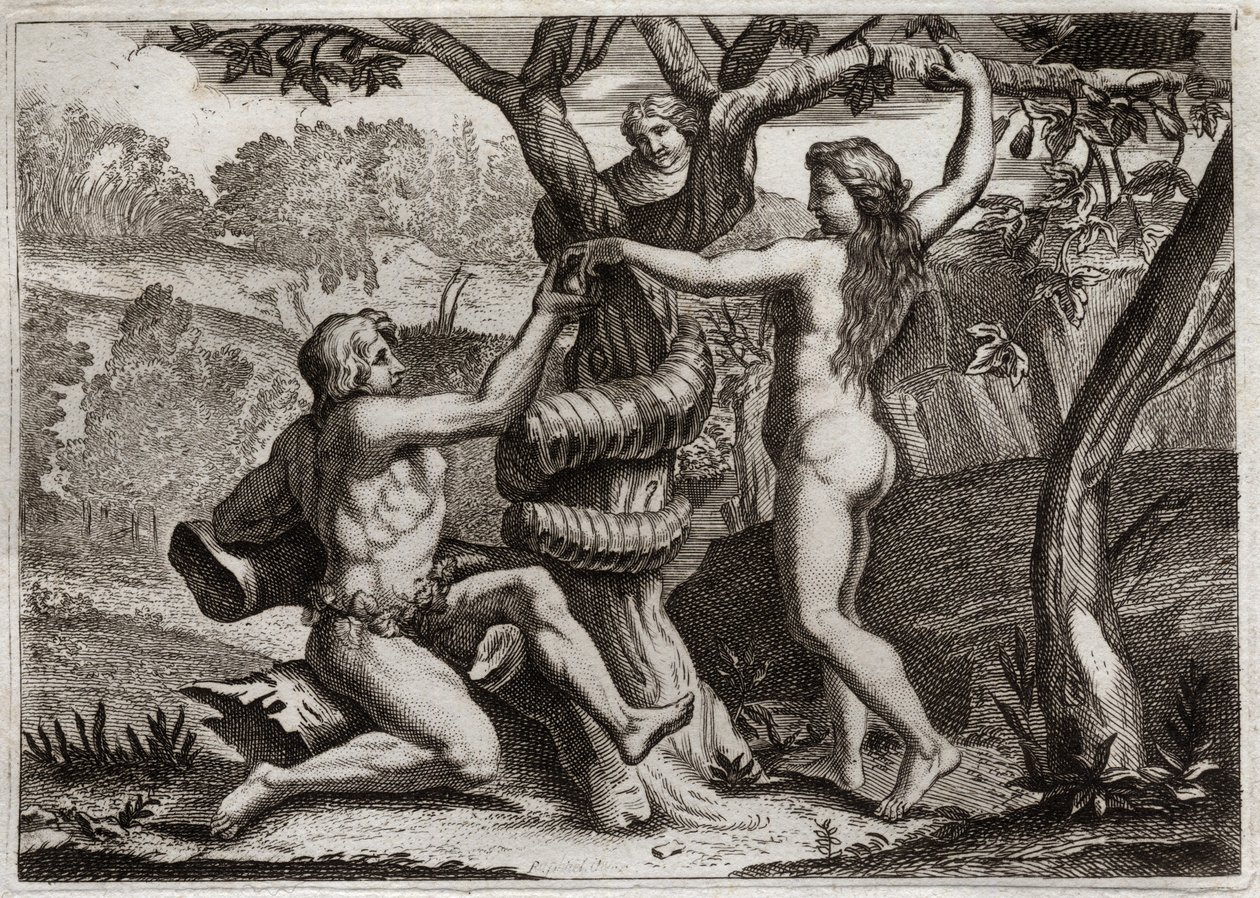 Biblia de Royaumont, Antiguo Testamento: La Caída de Adán. El Demonio bajo la forma de una serpiente habla con Eva y la tienta a comer el fruto prohibido: Eva cae y también hace caer a Adán. Ilustración de 1811. de Unknown artist