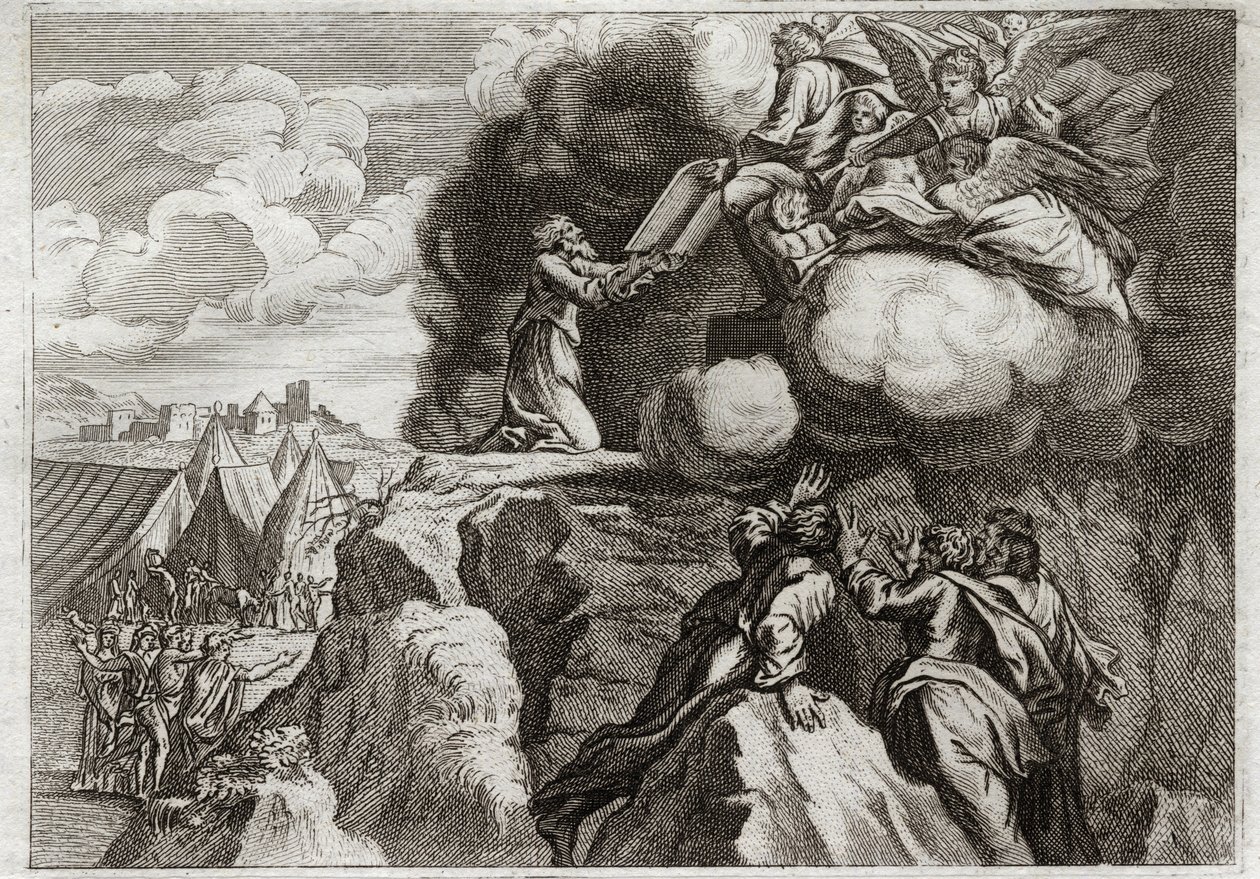 Biblia de Royaumont, Antiguo Testamento: Primeras Tablas de la Ley. Dios da la Ley a su pueblo en el Monte Sinaí. Moisés recibe los 10 Mandamientos de las manos de Dios. Ilustración de 1811. de Unknown artist