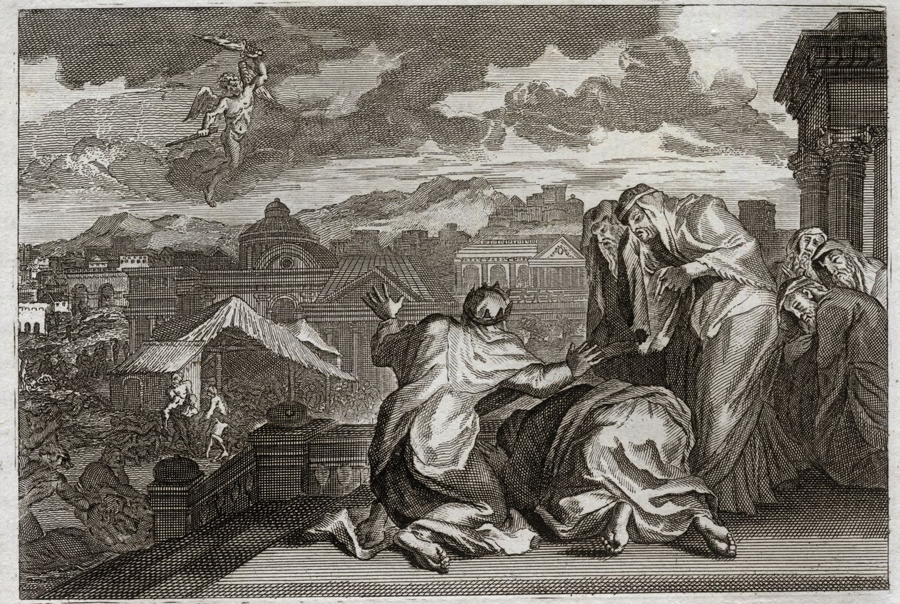 Biblia de Royaumont, Antiguo Testamento: Plaga de la Peste. Y David, habiendo hecho el censo de todo su pueblo por un movimiento de vanidad, Dios aflige su reino con una peste que se lleva a setenta mil hombres en tres días. Ilustración de 1811. de Unknown artist