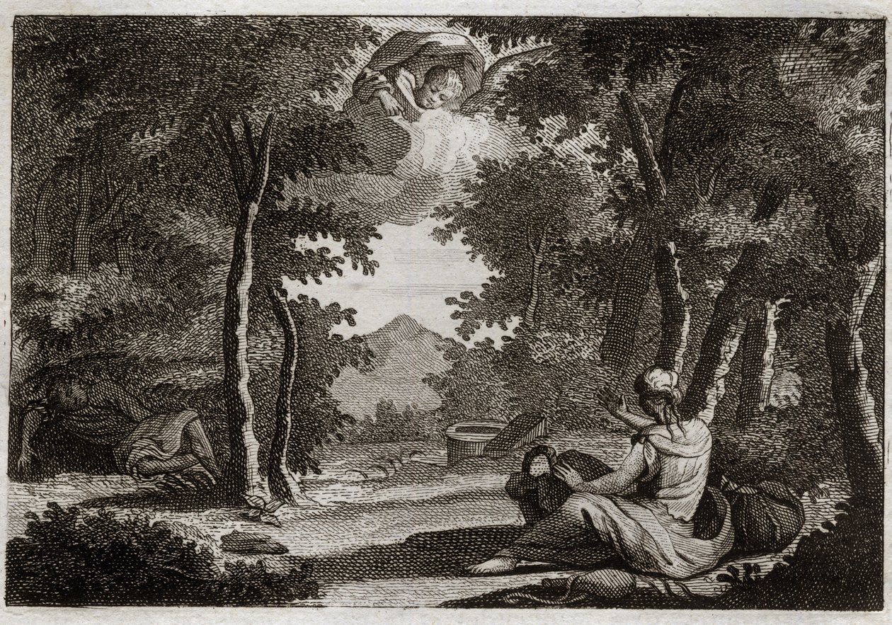 Biblia de Royaumont, Antiguo Testamento: Huida de Agar. Agar (Hagar) se levanta y cuenta a Sara (Sarah) su ama. Sara reprende su insolencia con severidad. Agar no puede soportarlo y huye de la casa al desierto, donde un ángel le habla para que regrese con  de Unknown artist