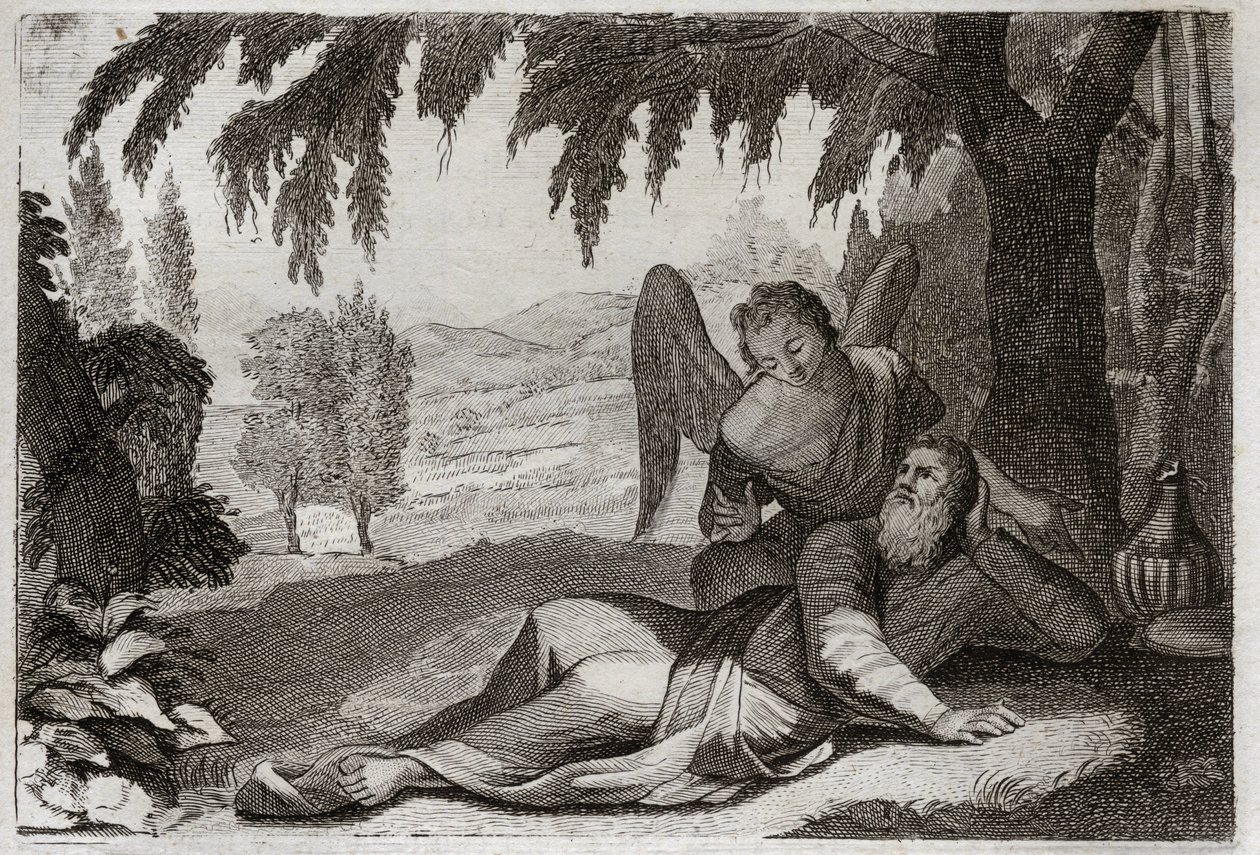 Biblia de Royaumont, Antiguo Testamento: Huida de Elías. Elías huyendo de la ira de Jezabel, quien quería vengarse de él por la muerte de sus falsos profetas, es apoyado en el desierto por un Ángel que le trae comida. Ilustración de 1811. de Unknown artist