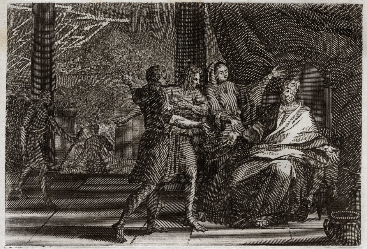 Biblia de Royaumont, Antiguo Testamento: Amigos de Job. Job, en lugar de ser consolado por tres príncipes, sus amigos, que vienen a verlo, no recibe más que tristeza porque querían hacerlo parecer culpable. Ilustración de 1811. de Unknown artist